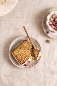 Gluten-free box cake with pistachios, lemon, and rose petals