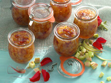 Rhubarb jam with rose petals