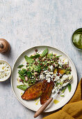 Aubergine and bean tabouleh with feta cheese