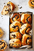 A tin holding English fruit bread buns full of currants