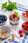 Yogurt with granola, berries and fresh mint