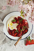 Creamy feta dip with roasted strawberries made in hot air fryer