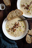 Vegetarian cheese and leek soup with soya mince