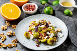 Roasted Brussels sprouts salad with pomegranate, feta and walnuts