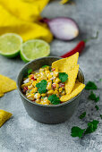 Mexican street corn salad like esquites with corn, mayonnaise, yogurt and jalapenos