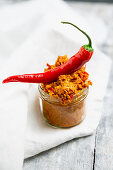 Homemade curry paste with red chillies, ginger, red onions and spices