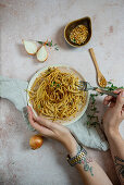 Pasta with miso, onions and crispy breadcrumbs