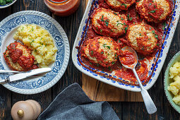 Fleischbällchen mit in Tomatensauce gebackenem Kohl