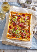 Onion tart with cabanossi