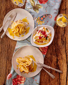 Crepes Aumonieres (small crepes) with ricotta and candied fruit