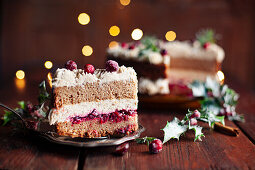 Christmas cake with vanilla cream and cranberries