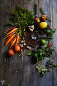 Fruit and vegetables on a rustic wooden background
