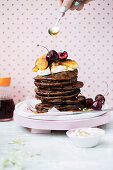 Chocolate pancakes with maple banana