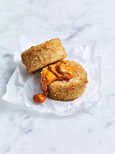 Cheesy crisp polenta cakes with romesco sauce