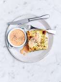 Pumpkin and goat's cheese lasagne with capsicum cream