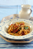 Spaghetti with sun dried tomatoes and chili peppers
