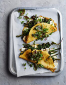 Chickpea pancakes with balsamic greens