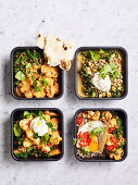 4x butter cauliflower for lunch - with dhal greens, with dhal quinoa, with chilli naan crisps, with chilli-fried egg
