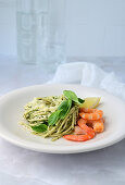 Spaghetti with spinach and shrimp