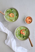 Cream of green pea soup with shrimp