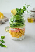 Salad with glass noodles, corn, surimi crab and cucumber