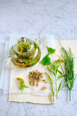 Bladder tea made from goldenrod, horehound, field horsetail, birch leaves and dandelion