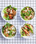 Salt and pepper tofu four ways: with fennel salad, with fried rice, with rice noodles and sambos