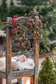 Winterlicher Kranz aus Haselnüssen und Kiefernzweigen an Holzstuhl hängend und Christbaumkugeln auf Decke