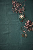 Teal tablecloth with Christmas decorations