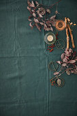 Teal tablecloth with Christmas decorations