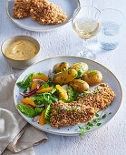 Breaded herb pork liver with orange mayonnaise