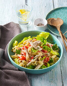 Pasta salad with chicken and lettuce