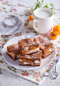 Cocoa sheet cake with apricots and curd cheese