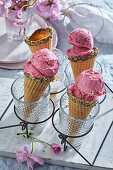 Lactose-free strawberry ice cream cones