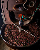 Cocoa beans in the roasting machine