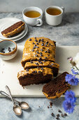 Mocha cake with latte icing and chocolate chips