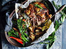 Slow-cooked greek lamb with chilli garlic broccolini