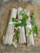 Buckwheat noodles (soba noodles), flowering buckwheat twigs