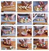Preparing yeast plait with Easter eggs and icing
