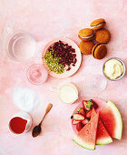 Ingredients for rosé watermelon trifle with ginger biscuits