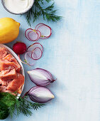 Ingredients for creamy salmon and potato salad