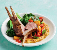 Spiced rack of lamb with pumpkin hummus and salad