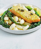 Salmon with gnocchi and mustard and dill sauce