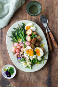 Green asparagus, potato and egg salad