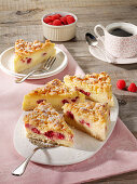Fruity pudding cake slices with raspberries