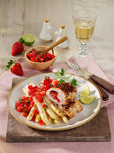 Stuffed chicken breast with white asparagus and strawberry salsa