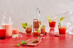 Watermelon and tomato lassie, tomato, cucumber and celery juice, hot and spicy Blood Mary
