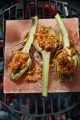 Grilled artichokes with a paprika and caper crust