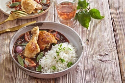 Roast chicken with plum sauce and rice