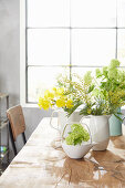 Teapot with snowball (viburnum) and spring bouquets in vases on dining table